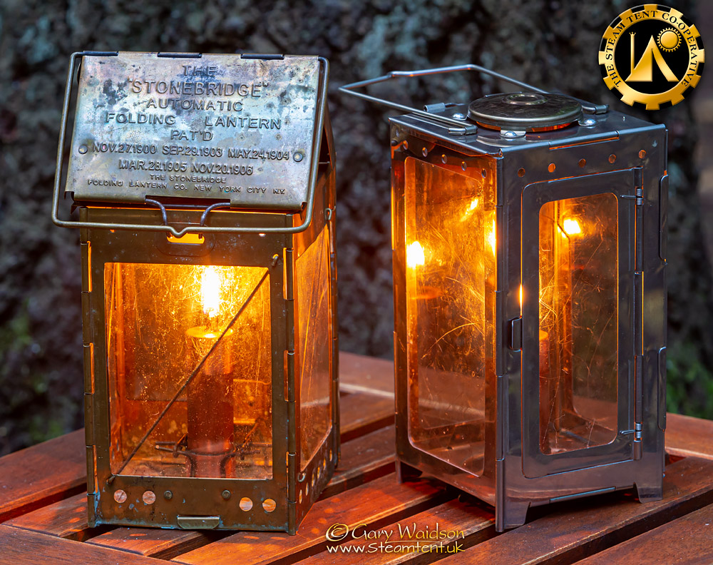 Folding Lanterns converted for paraffin with trench candles.  The Steam Tent Co-operative.  Gary Waidson - www.Steamtent.uk