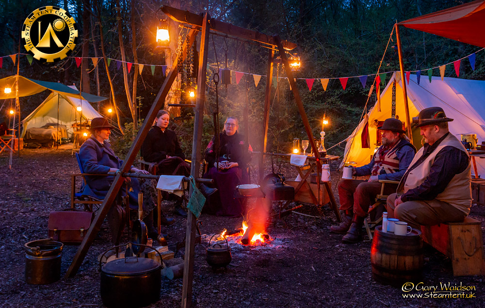 Late Evening around the fire - The Easter Tea Party 2019 - The Steam Tent Co-operative. © Gary Waidson - www.Steamtent.uk