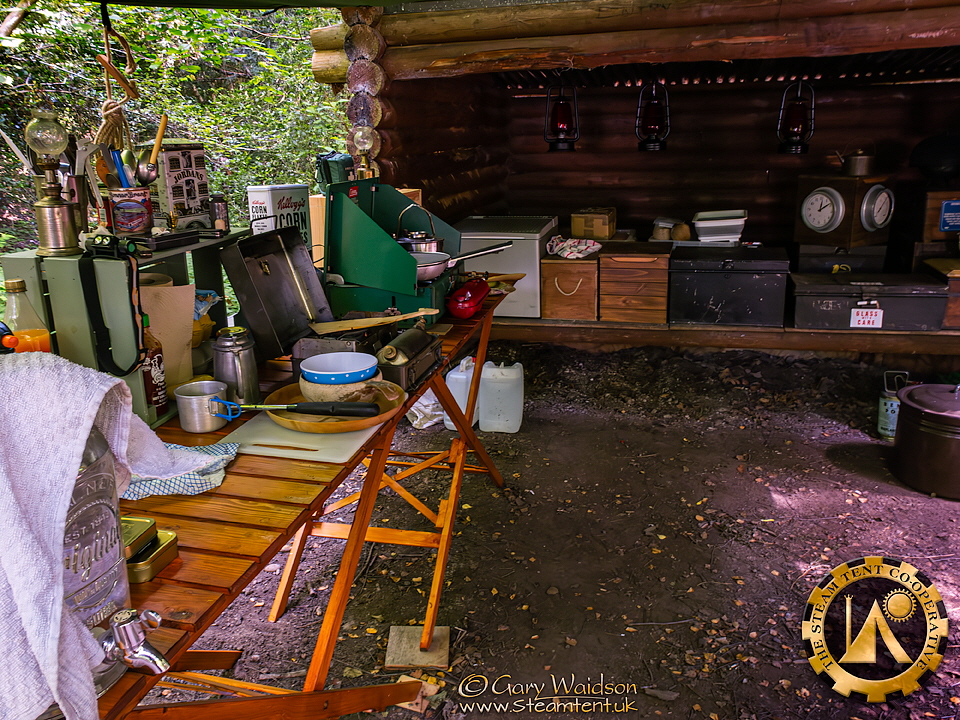 The Kitchen area - Steam Tent Corner at the Bushmoot 2024 - The Steam Tent Co-operative. © Gary Waidson - www.Steamtent.uk