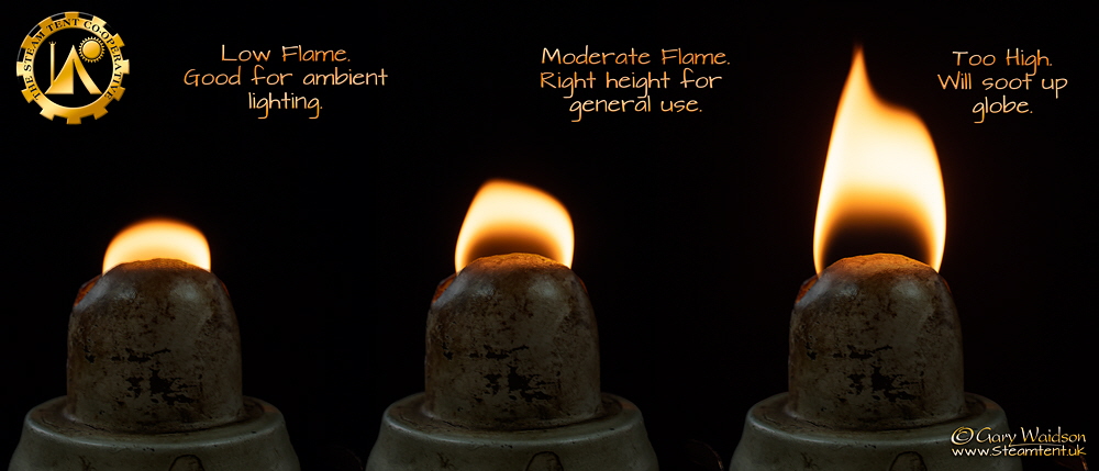Illustration of lantern flame settings - The Steam Tent Co-operative.  Gary Waidson - www.Steamtent.uk 