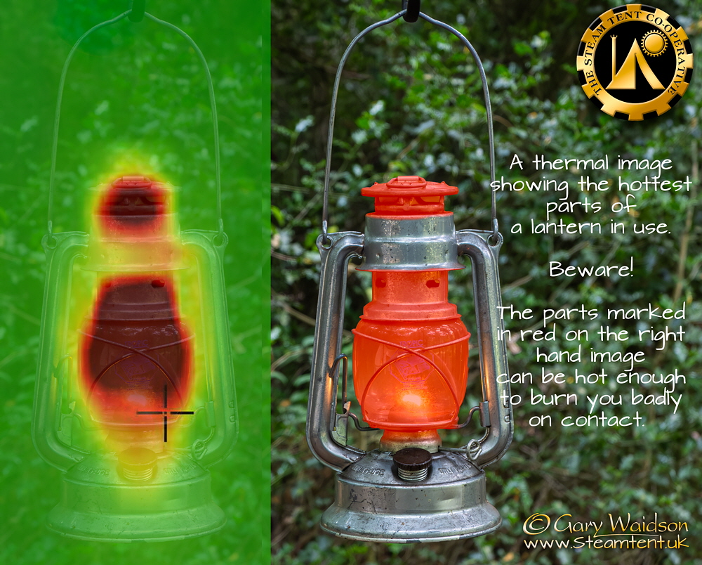 Thermal Image of Kerosene lantern showing hottest parts - The Steam Tent Co-operative.  Gary Waidson - www.Steamtent.uk