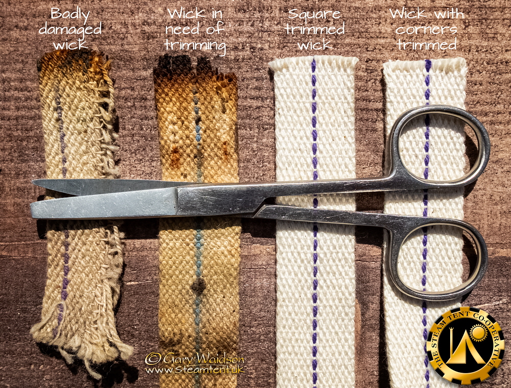 Illustration showing how a lantern wick should be trimmed - The Steam Tent Co-operative.  Gary Waidson - www.Steamtent.uk