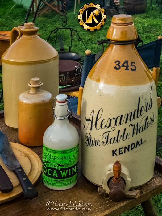 Old stoneware bottles are cheap and very usefult. - The Steam Tent Co-operative. © Gary Waidson - www.Steamtent.uk