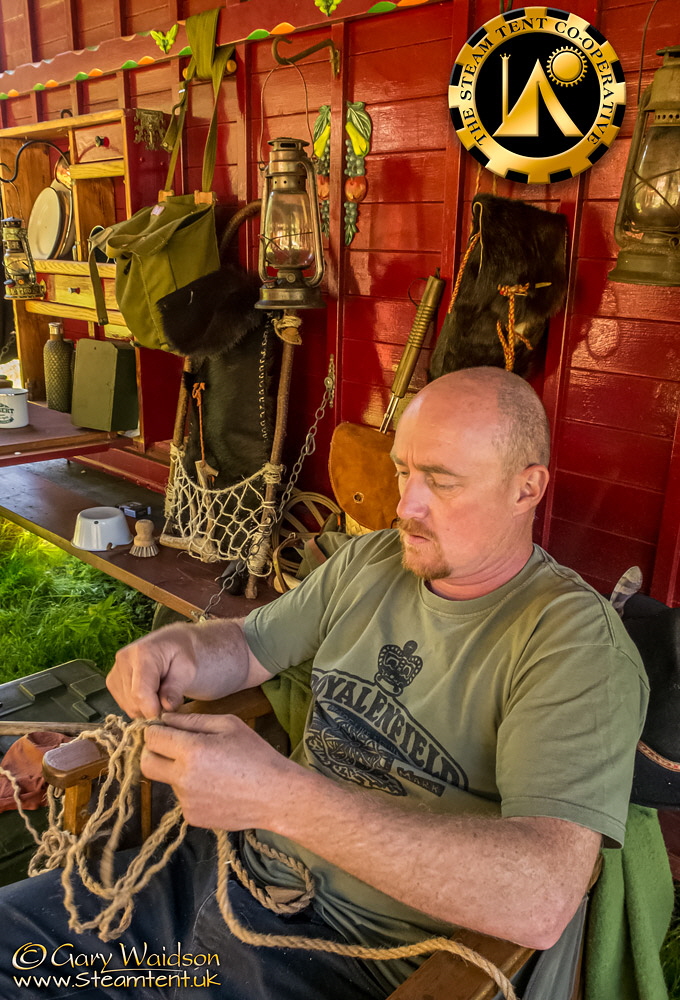 Riam net making in front of his living vant. The Steam Tent Co-operative.  Gary Waidson - www.Steamtent.uk